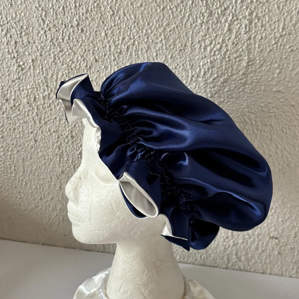 Reversible Satin Sleep Bonnet – Navy Blue & Silver – Extra Large, Elastic Fit